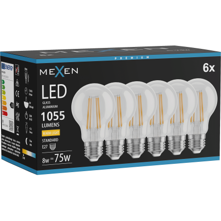 Mexen Vintis 6x Ampoule à filament LED E27, A60, 8W, Chaude - 2700K, 1055 lm, claire - L150-E27-0827-00x06