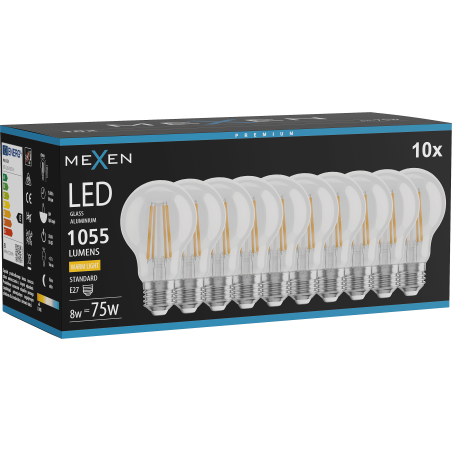 Mexen Vintis 10x Ampoule filament LED E27, A60, 8W, Chaude - 2700K, 1055 lm, clair - L150-E27-0827-00x10