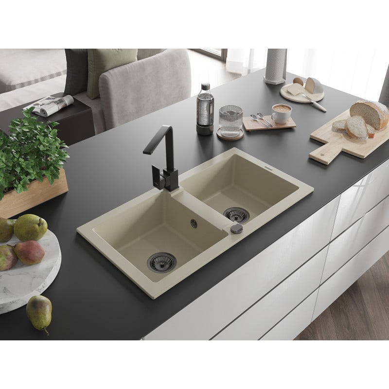 Mexen Mario évier en granit 2 cuves avec mitigeur de cuisine Rita, beige - 6504-69-670300-70