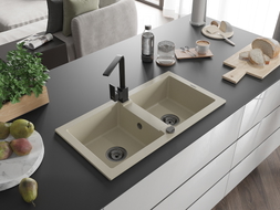 Mexen Mario évier en granit 2 bacs avec robinet de cuisine Rita, beige - 6504-69-670300-70