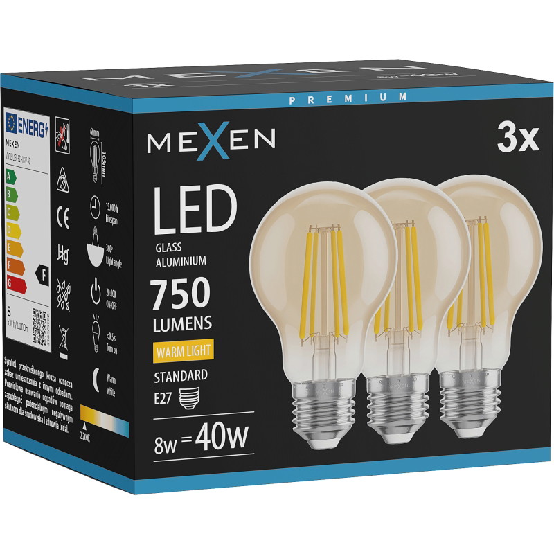 Mexen Vintis 3x Ampoule LED filament E27, A60, 8W, Chaude - 2700K, 750 lm, ambre - L150-E27-0822-50x03 - L150-E27-0827-50x03