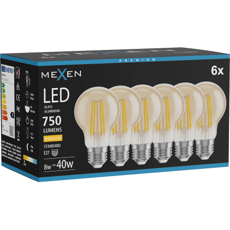 Mexen Vintis 6x Ampoule filament LED E27, A60, 8W, Chaude - 2700K, 750 lm, ambre - L150-E27-0822-50x06 - L150-E27-0827-50x06