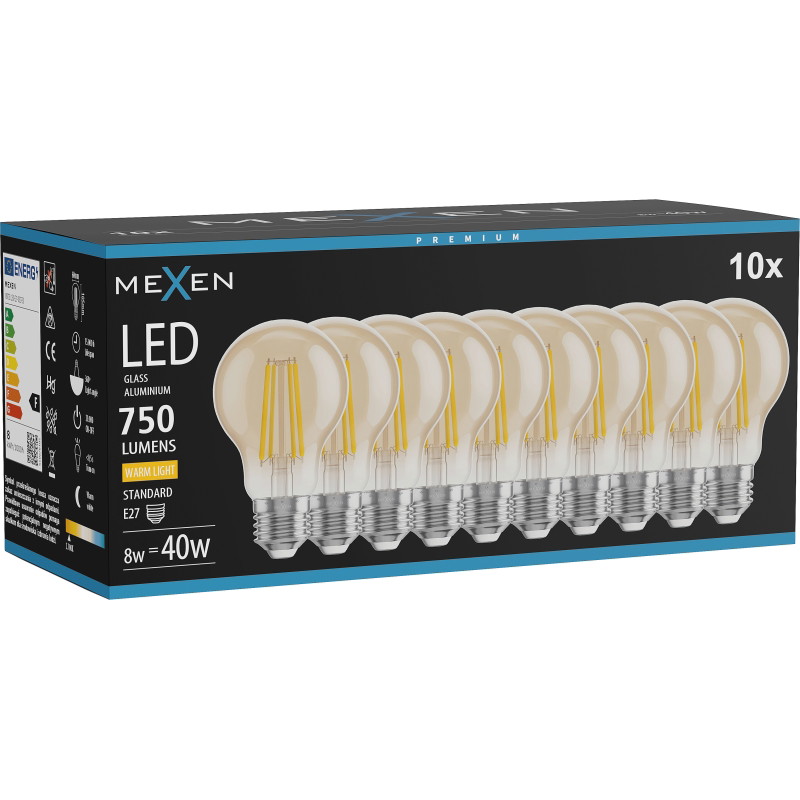 Mexen Vintis 10x Ampoule LED filament E27, A60, 8W, Chaude - 2700K, 750 lm, ambre - L150-E27-0822-50x10 - L150-E27-0827-50x10