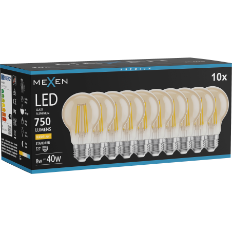 Mexen Vintis 10x Ampoule LED filament E27, A60, 8W, Chaude - 2700K, 750 lm, ambre - L150-E27-0822-50x10 - L150-E27-0827-50x10