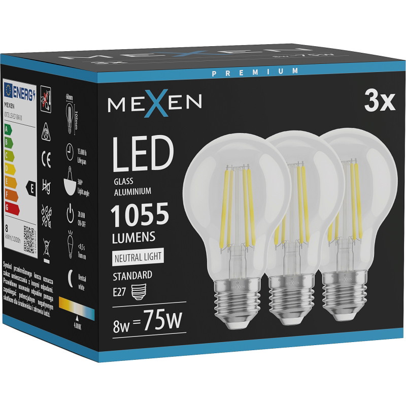 Mexen Vintis 3x ampoule filament LED E27, A60, 8W, Neutre - 4000K, 1055 lm, clair - L150-E27-0840-00x03