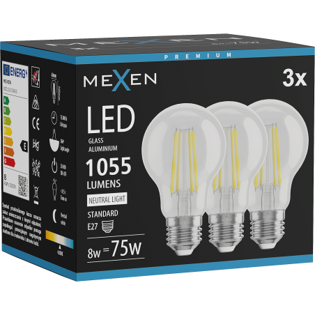 Mexen Vintis 3x ampoule filament LED E27, A60, 8W, Neutre - 4000K, 1055 lm, clair - L150-E27-0840-00x03
