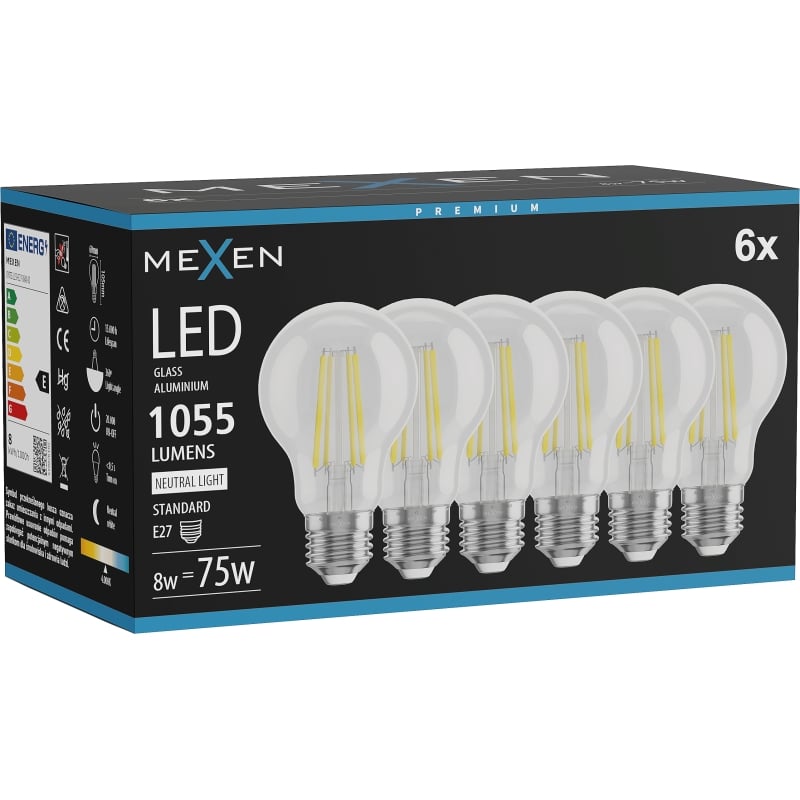 Mexen Vintis 6x Ampoule filament LED E27, A60, 8W, Neutre - 4000K, 1055 lm, clair - L150-E27-0840-00x06