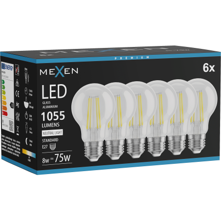 Mexen Vintis 6x Ampoule filament LED E27, A60, 8W, Neutre - 4000K, 1055 lm, clair - L150-E27-0840-00x06