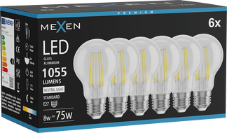 Mexen Vintis 6x Ampoule filament LED E27, A60, 8W, Neutre - 4000K, 1055 lm, clair - L150-E27-0840-00x06