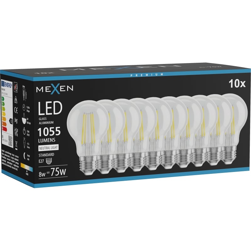 Mexen Vintis 10x Ampoule à filament LED E27, A60, 8W, Neutre - 4000K, 1055 lm, transparent - L150-E27-0840-00x10