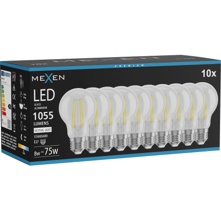 Mexen Vintis 10x Ampoule à filament LED E27, A60, 8W, Neutre - 4000K, 1055 lm, transparent - L150-E27-0840-00x10