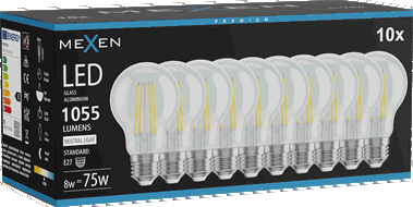 Mexen Vintis 10x Ampoule à filament LED E27, A60, 8W, Neutre - 4000K, 1055 lm, transparent - L150-E27-0840-00x10