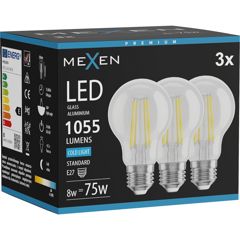 Mexen Vintis 3x Ampoule filament LED E27, A60, 8W, Froid - 6500K, 1055 lm, transparent - L150-E27-0865-00x03