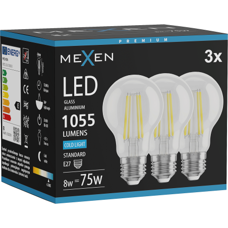 Mexen Vintis 3x Ampoule filament LED E27, A60, 8W, Froid - 6500K, 1055 lm, transparent - L150-E27-0865-00x03