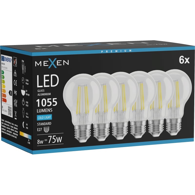 Mexen Vintis 6x Ampoule filament LED E27, A60, 8W, Froid - 6500K, 1055 lm, claire - L150-E27-0865-00x06