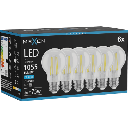 Mexen Vintis 6x Ampoule filament LED E27, A60, 8W, Froid - 6500K, 1055 lm, claire - L150-E27-0865-00x06