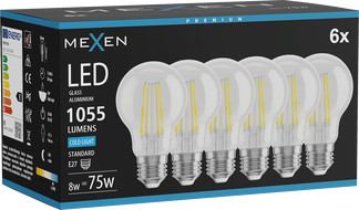 Mexen Vintis 6x Ampoule filament LED E27, A60, 8W, Froid - 6500K, 1055 lm, claire - L150-E27-0865-00x06