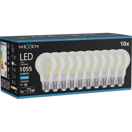 Mexen Vintis 10x Ampoule à filament LED E27, A60, 8W, Froid - 6500K, 1055 lm, clair - L150-E27-0865-00x10