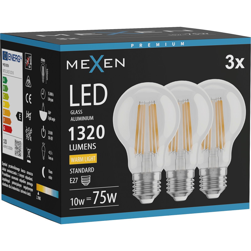 Mexen Vintis 3x Ampoule LED filament E27, A60, 10W, Chaude - 2700K, 1320 lm, claire - L150-E27-1027-00x03