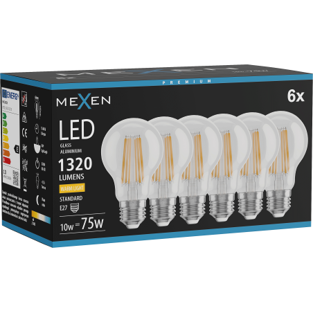 Mexen Vintis 6x Ampoule filament LED E27, A60, 10W, Chaude - 2700K, 1320 lm, claire - L150-E27-1027-00x06