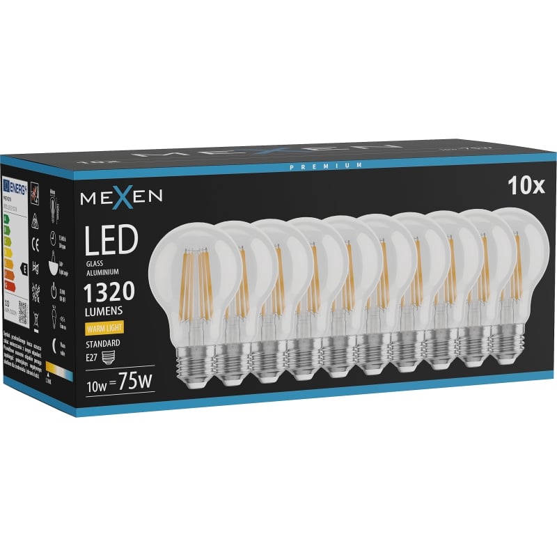 Mexen Vintis 10x Ampoule filament LED E27, A60, 10W, Chaude - 2700K, 1320 lm, transparente - L150-E27-1027-00x10