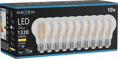 Mexen Vintis 10x Ampoule filament LED E27, A60, 10W, Chaude - 2700K, 1320 lm, transparente - L150-E27-1027-00x10
