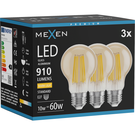 Mexen Vintis 3x ampoule filament LED E27, A60, 10W, Chaud - 2700K, 910 lm, ambré - L150-E27-1027-50x03