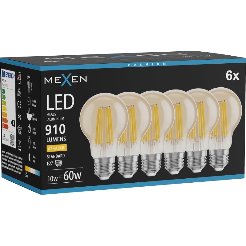 Mexen Vintis 6x Ampoule LED filament E27, A60, 10W, Chaude - 2700K, 910 lm, ambre - L150-E27-1027-50x06