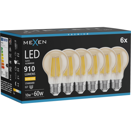 Mexen Vintis 6x Ampoule LED filament E27, A60, 10W, Chaude - 2700K, 910 lm, ambre - L150-E27-1027-50x06