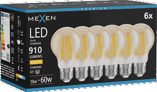Mexen Vintis 6x Ampoule LED filament E27, A60, 10W, Chaude - 2700K, 910 lm, ambre - L150-E27-1027-50x06