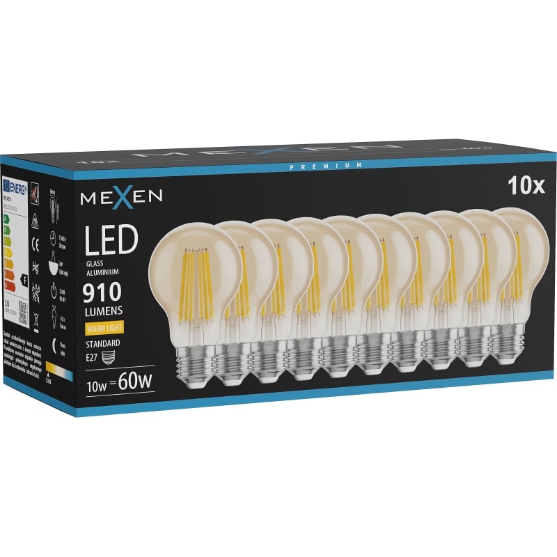 Mexen Vintis 10x Ampoule filament LED E27, A60, 10W, Chaleureux - 2700K, 910 lm, ambre - L150-E27-1027-50x10