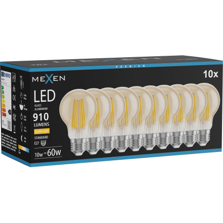 Mexen Vintis 10x Ampoule filament LED E27, A60, 10W, Chaleureux - 2700K, 910 lm, ambre - L150-E27-1027-50x10