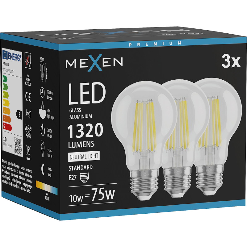 Mexen Vintis 3x Ampoule filament LED E27, A60, 10W, Neutre - 4000K, 1320 lm, clair - L150-E27-1040-00x03