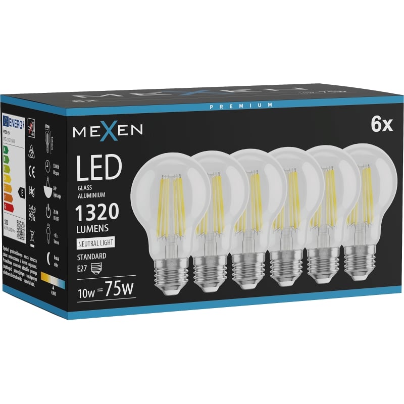 Mexen Vintis 6x Ampoule à filament LED E27, A60, 10W, Neutre - 4000K, 1320 lm, clair - L150-E27-1040-00x06