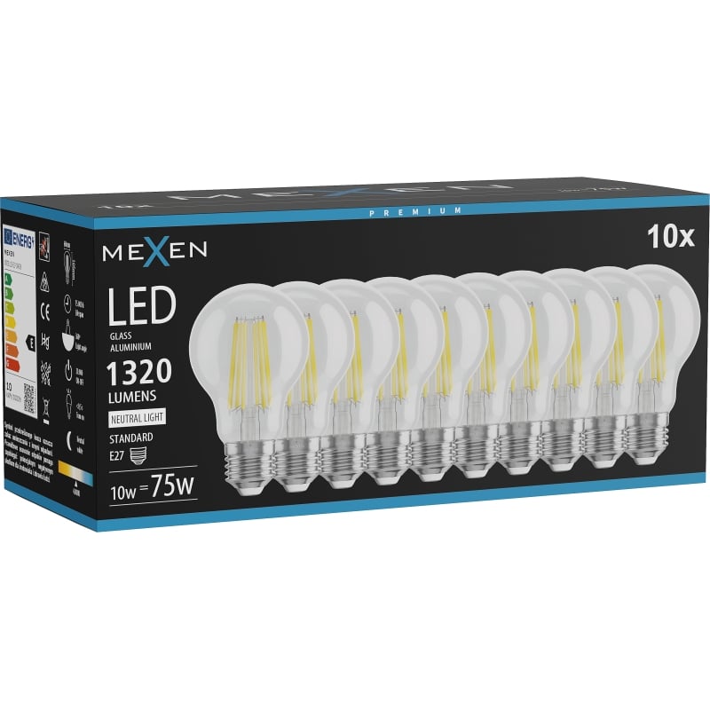 Mexen Vintis 10x Ampoule à filament LED E27, A60, 10W, Neutre - 4000K, 1320 lm, clair - L150-E27-1040-00x10