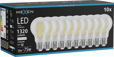 Mexen Vintis 10x Ampoule à filament LED E27, A60, 10W, Neutre - 4000K, 1320 lm, clair - L150-E27-1040-00x10