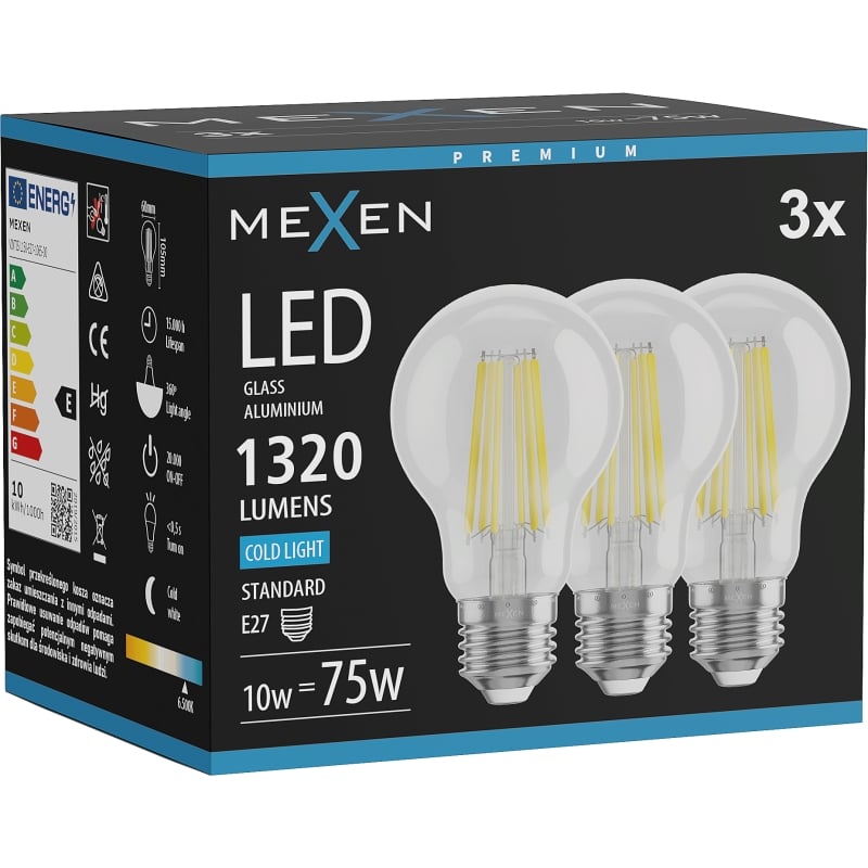 Mexen Vintis 3x Ampoule filament LED E27, A60, 10W, Froide - 6500K, 1320 lm, claire - L150-E27-1065-00x03
