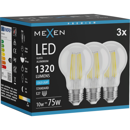 Mexen Vintis 3x Ampoule filament LED E27, A60, 10W, Froide - 6500K, 1320 lm, claire - L150-E27-1065-00x03