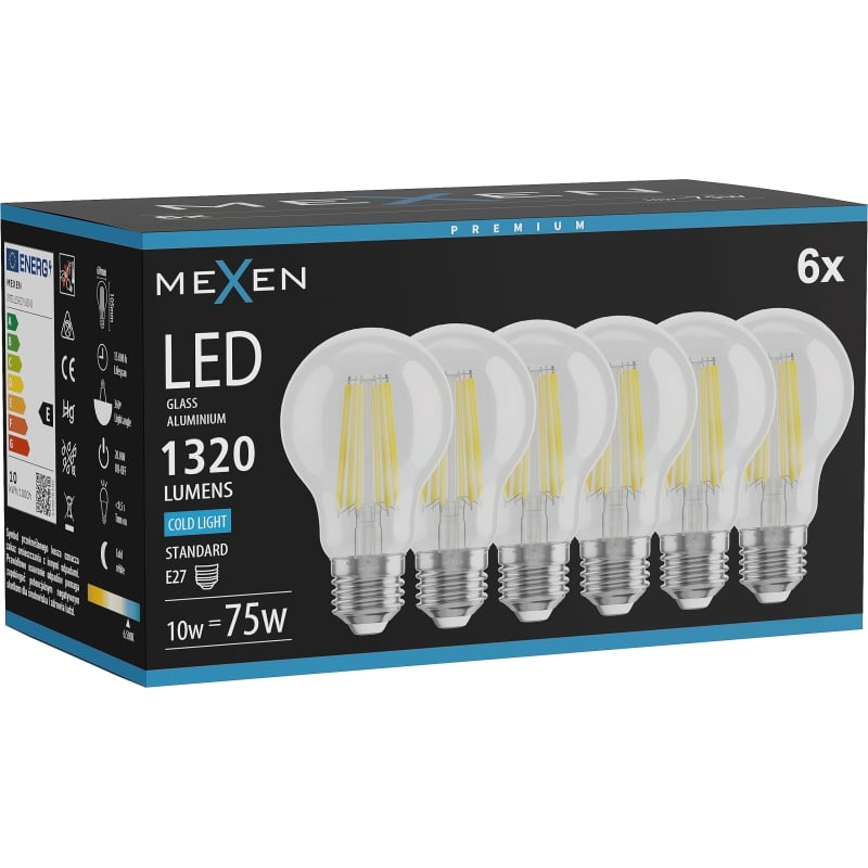 Mexen Vintis 6x Ampoule filament LED E27, A60, 10W, froide - 6500K, 1320 lm, claire - L150-E27-1065-00x06