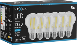 Mexen Vintis 6x Ampoule filament LED E27, A60, 10W, froide - 6500K, 1320 lm, claire - L150-E27-1065-00x06