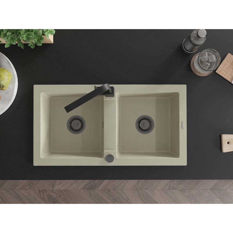 Mexen Mario évier en granit 2 cuves avec mitigeur de cuisine Rita, beige - 6504-69-670300-70