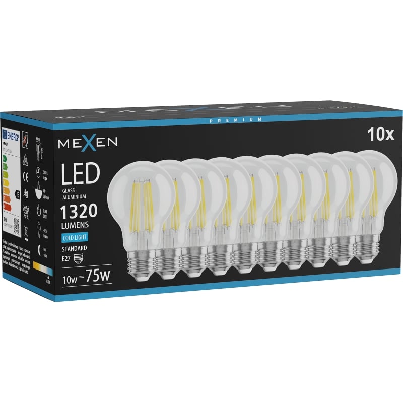 Mexen Vintis 10x Ampoule filament LED E27, A60, 10W, Froid - 6500K, 1320 lm, transparent - L150-E27-1065-00x10