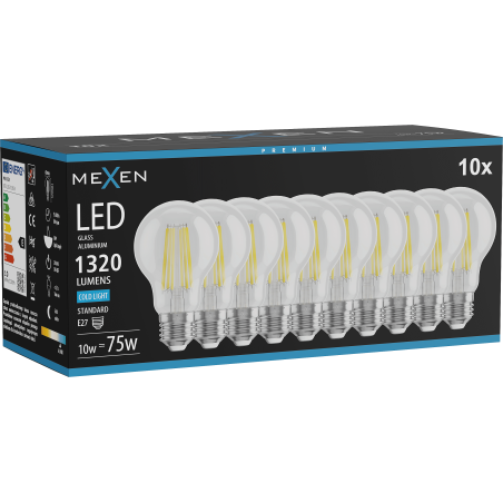 Mexen Vintis 10x Ampoule filament LED E27, A60, 10W, Froid - 6500K, 1320 lm, transparent - L150-E27-1065-00x10