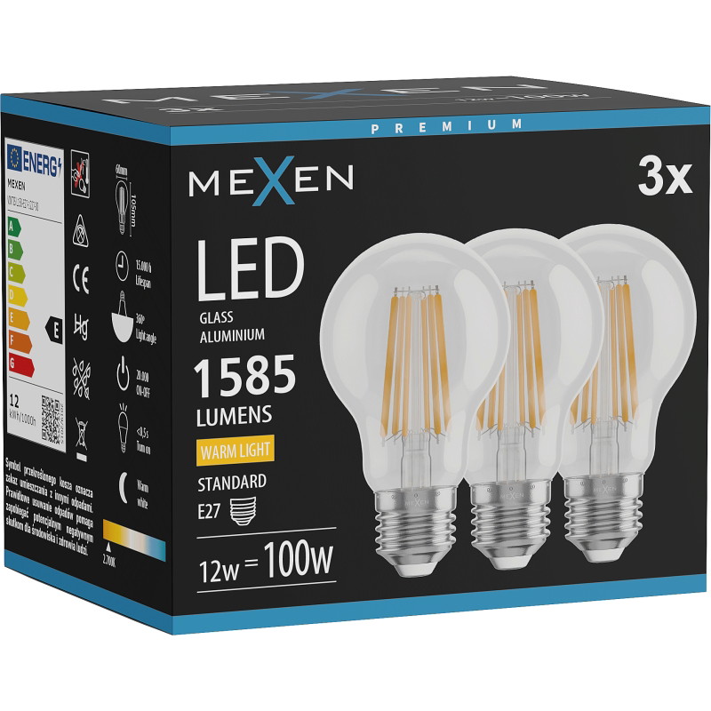 Mexen Vintis 3x ampoule filament LED E27, A60, 12W, Chaude - 2700K, 1585 lm, claire - L150-E27-1227-00x03