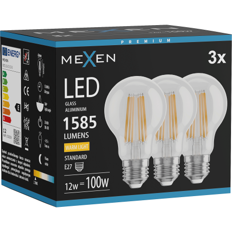 Mexen Vintis 3x ampoule filament LED E27, A60, 12W, Chaude - 2700K, 1585 lm, claire - L150-E27-1227-00x03