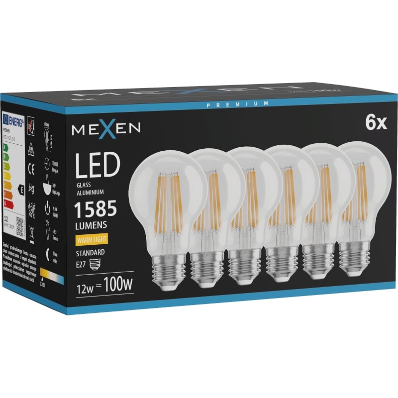 Mexen Vintis 6x Ampoule filament LED E27, A60, 12W, Chaude - 2700K, 1585 lm, claire - L150-E27-1227-00x06