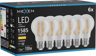 Mexen Vintis 6x Ampoule filament LED E27, A60, 12W, Chaude - 2700K, 1585 lm, claire - L150-E27-1227-00x06
