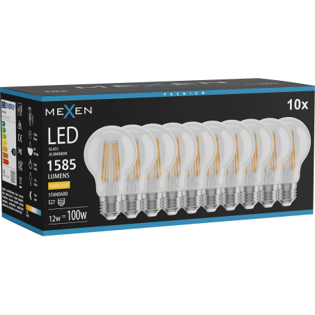 Mexen Vintis 10x Ampoule à filament LED E27, A60, 12W, Chaude - 2700K, 1585 lm, claire - L150-E27-1227-00x10