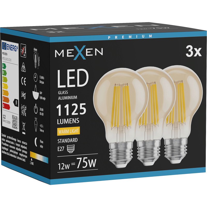 Mexen Vintis 3x Ampoule filament LED E27, A60, 12W, Chaude - 2700K, 1125 lm, ambre - L150-E27-1227-50x03