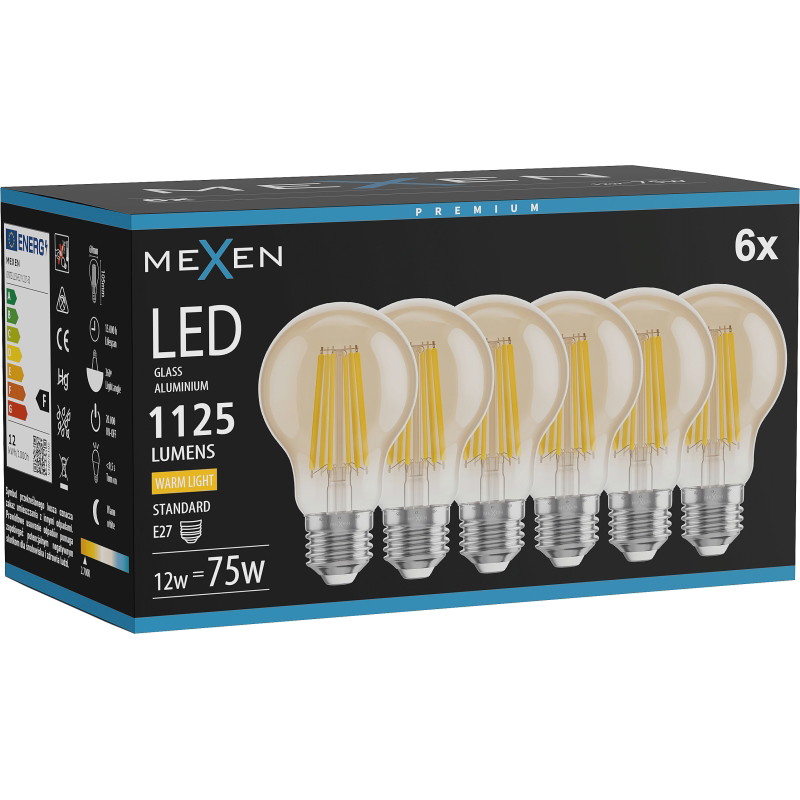 Mexen Vintis 6x Ampoule filament LED E27, A60, 12W, Chaude - 2700K, 1125 lm, ambre - L150-E27-1227-50x06